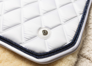 
                  
                    Load image into Gallery viewer, &amp;#39;The Duchess&amp;#39; White Competition Saddle Pad - Navy Jewel
                  
                