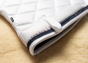 
                  
                    Load image into Gallery viewer, &amp;#39;The Duchess&amp;#39; White Competition Saddle Pad - Navy Jewel
                  
                