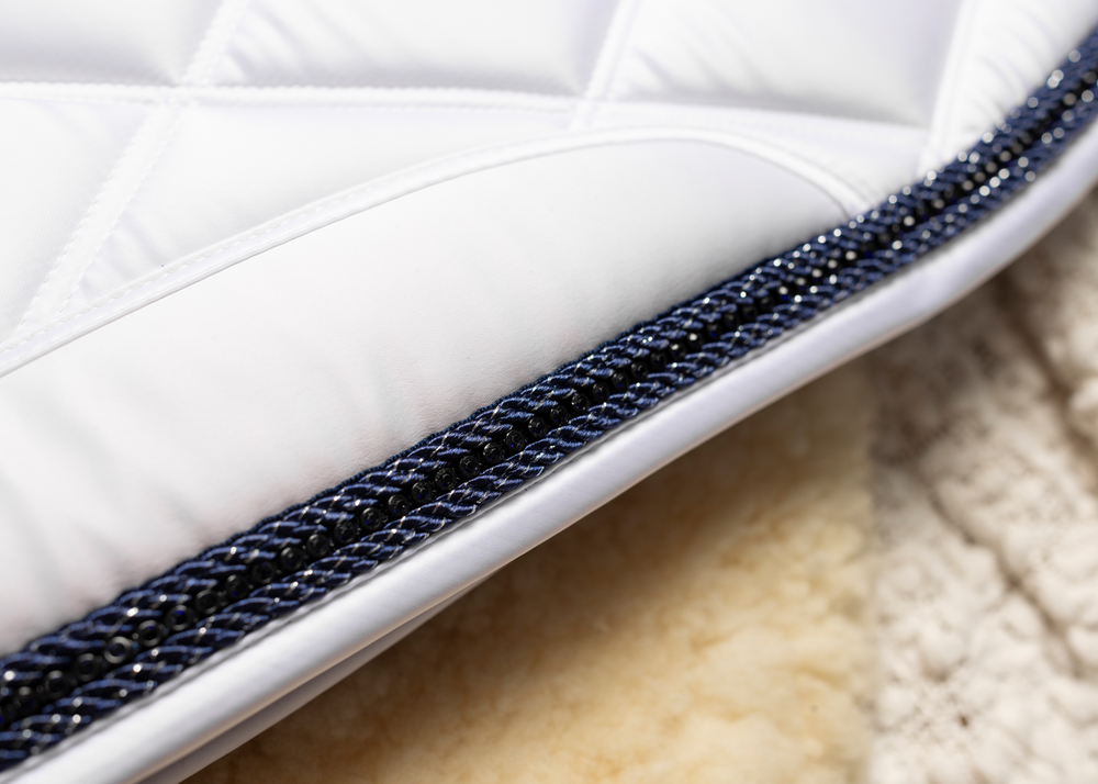 
                  
                    Load image into Gallery viewer, &amp;#39;The Duchess&amp;#39; White Competition Saddle Pad - Navy Jewel
                  
                